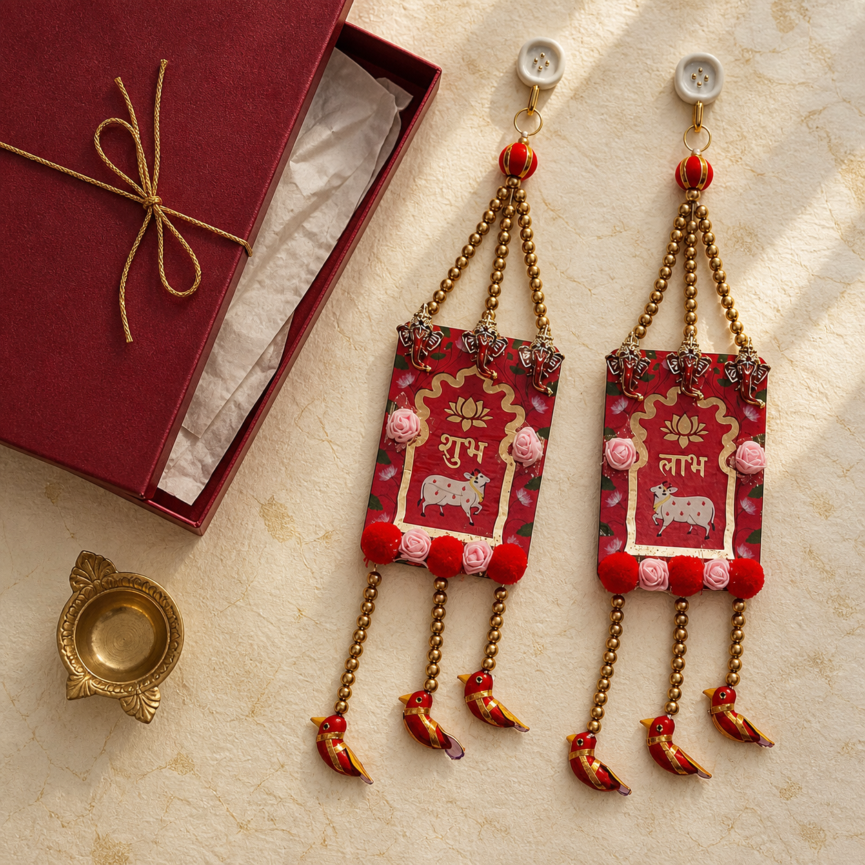 Gift presentation of red Shubh Labh Ganesha and bird door hanging pair