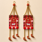 Red Shubh Labh Ganesha and bird door hanging pair, full front view