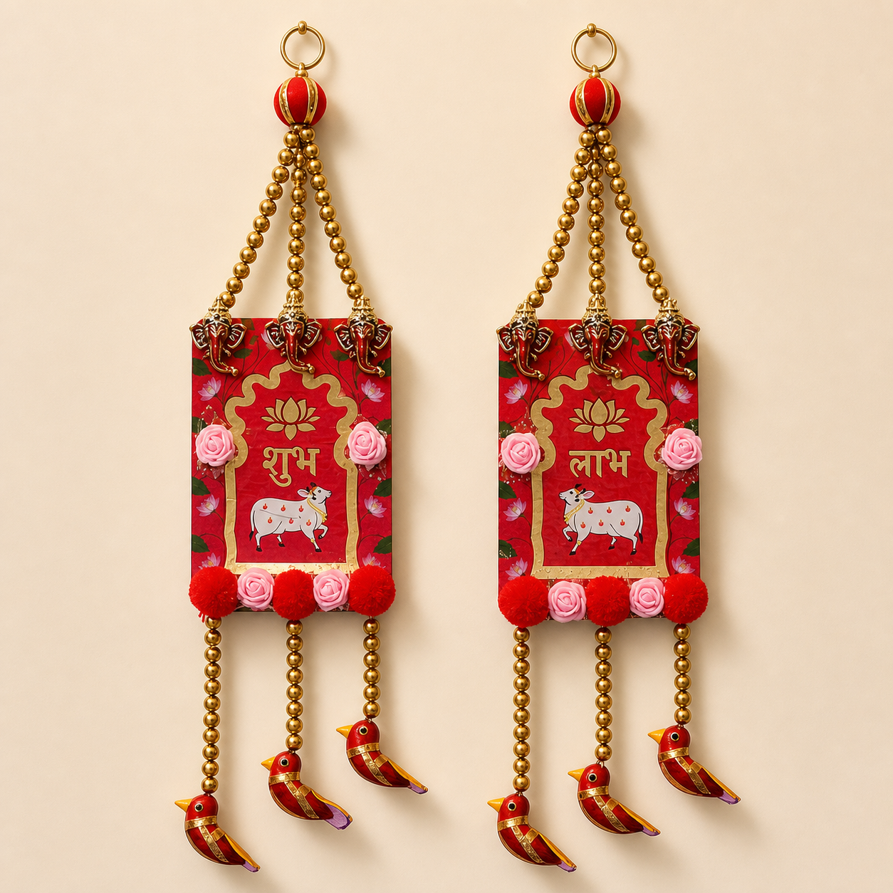 Red Shubh Labh Ganesha and bird door hanging pair, full front view