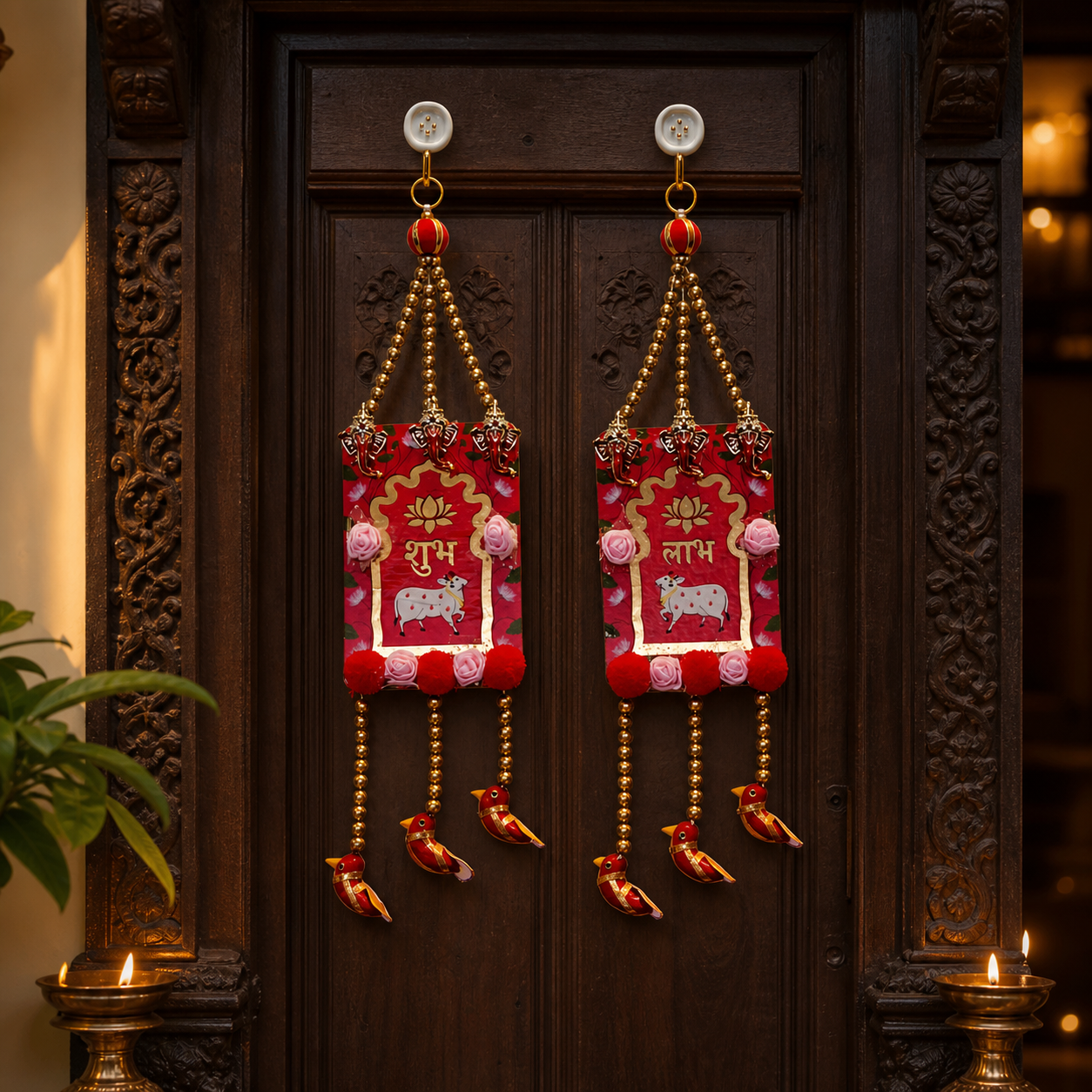 Red Shubh Labh Ganesha and bird hanging pair displayed on a carved wooden door