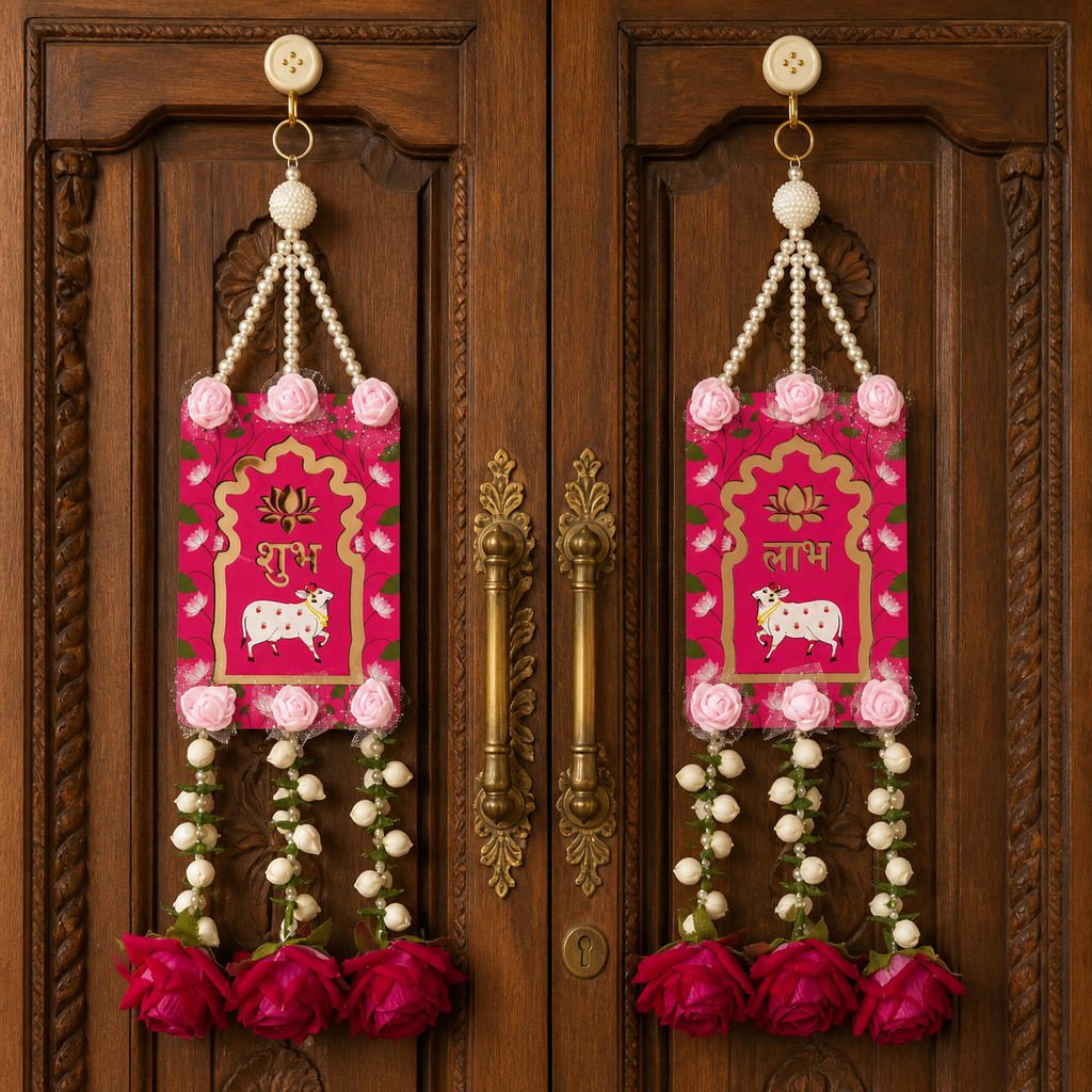 Red Shubh Labh rose hanging pair displayed on a carved wooden entrance door