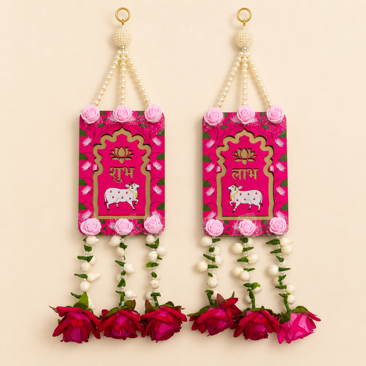 Full pair of red Shubh Labh door hangings with pink roses, pearl strands and flower tassels