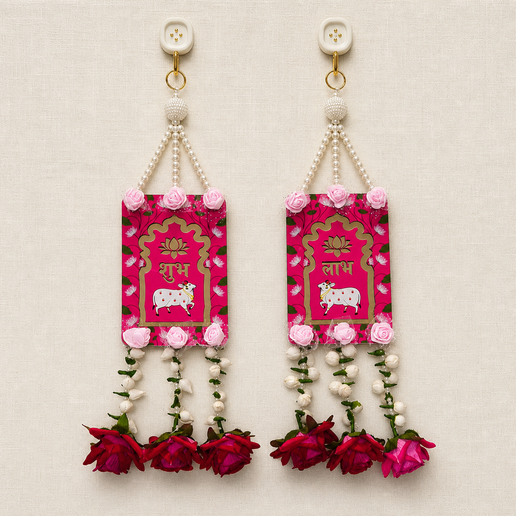 Full view of the red Shubh Labh rose door hanging pair on a neutral background