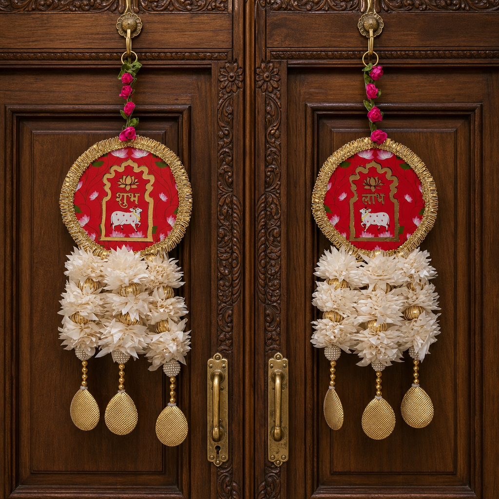 Round Shubh Labh floral hanging pair displayed on a carved wooden entrance door