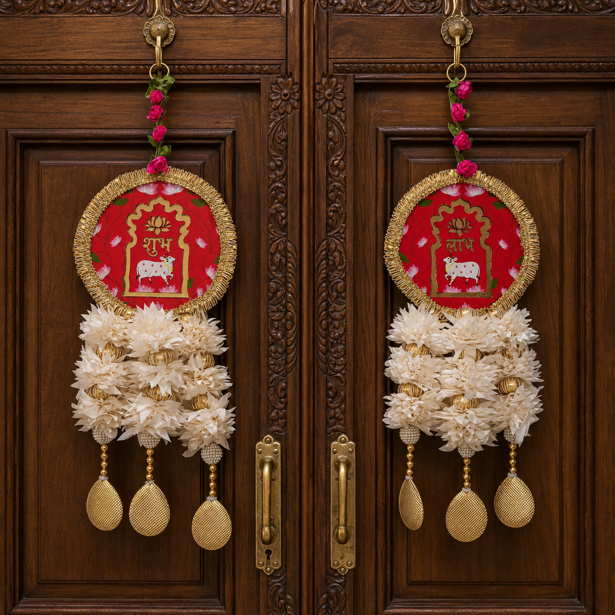 Round Shubh Labh floral hanging pair displayed on a carved wooden entrance door