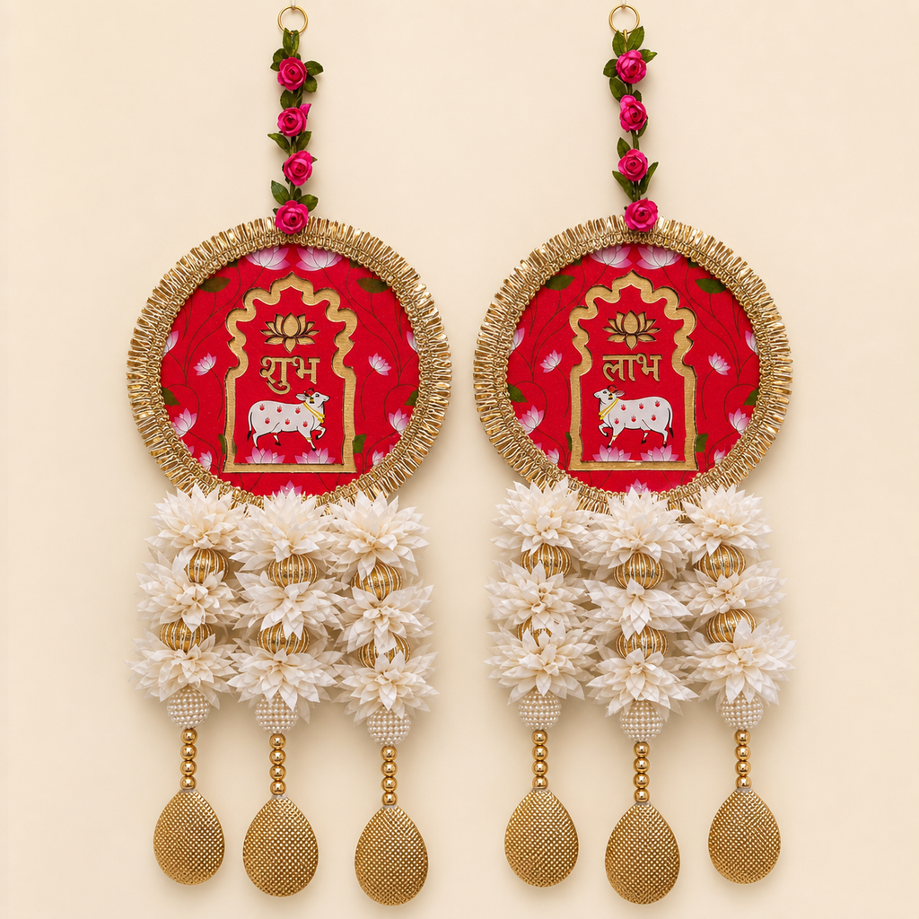 Full pair of round red Shubh Labh door hangings with white flowers, pearl beads and gold drops