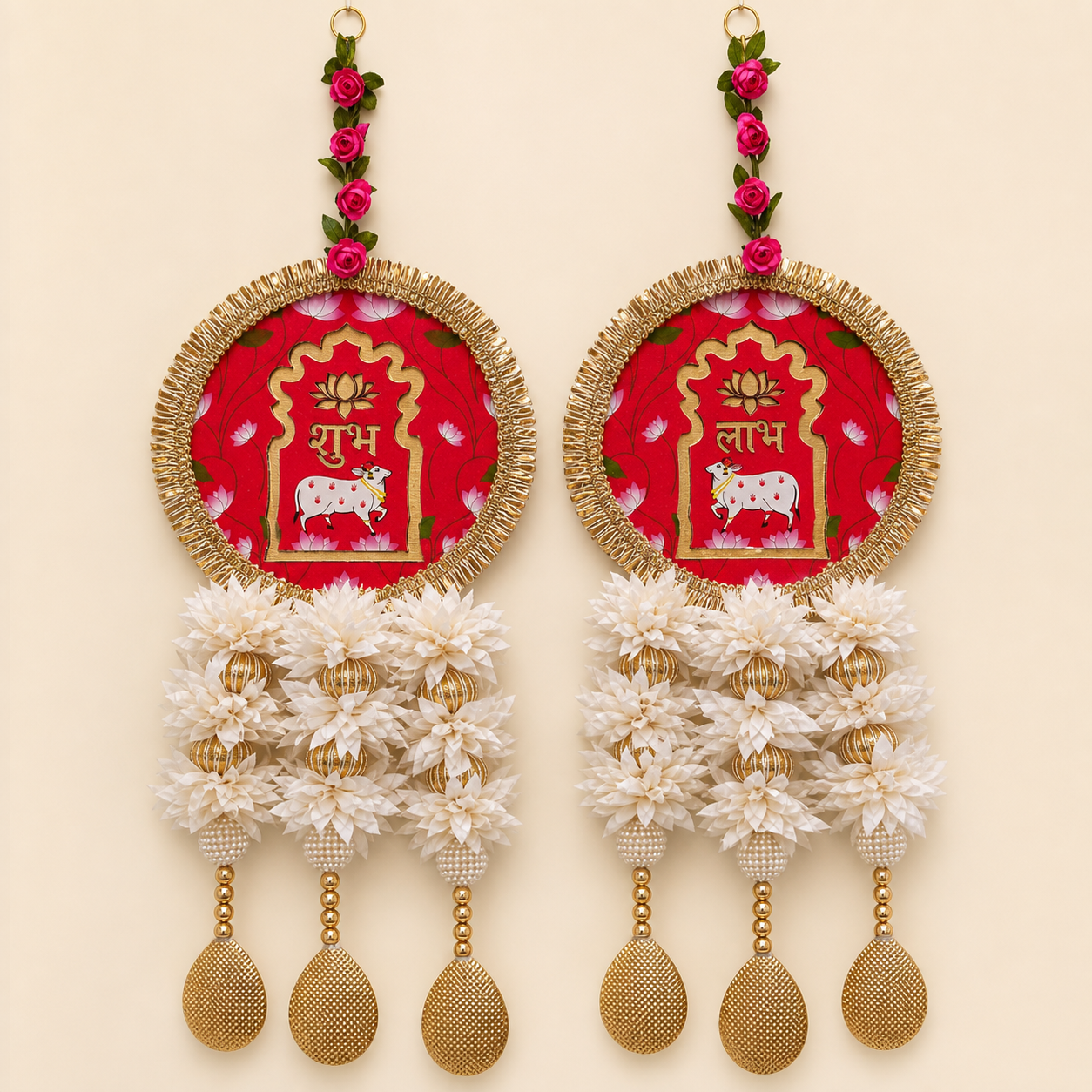 Full pair of round red Shubh Labh door hangings with white flowers, pearl beads and gold drops