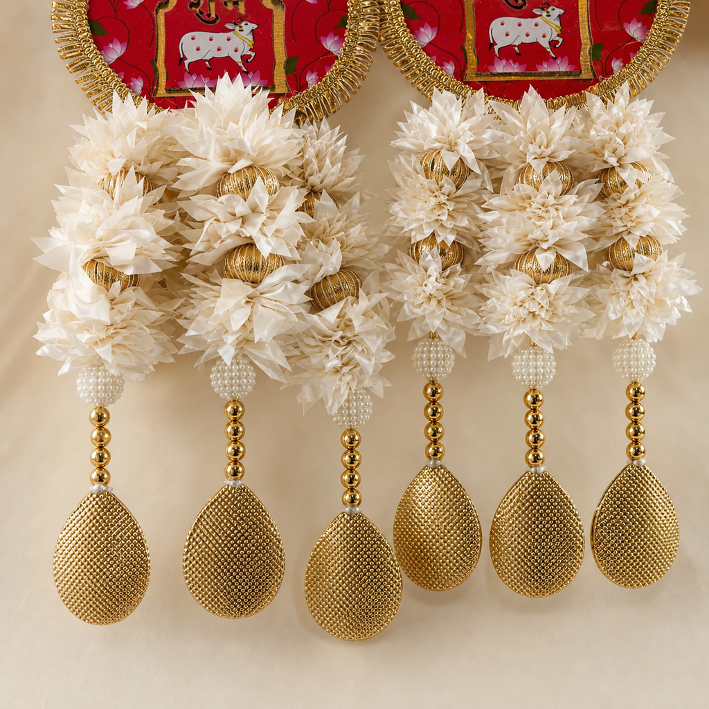 Close-up of white floral clusters, pearl-style beads and textured gold drops