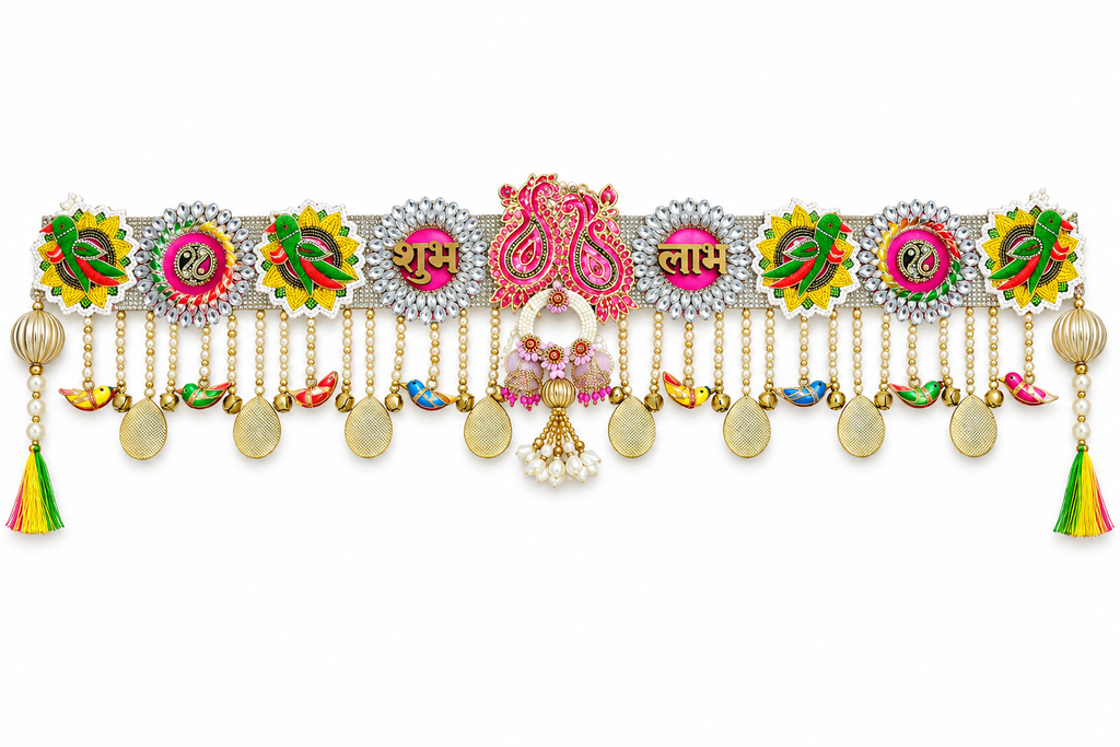 Shubh Labh parrot and pink peacock toran on a white background