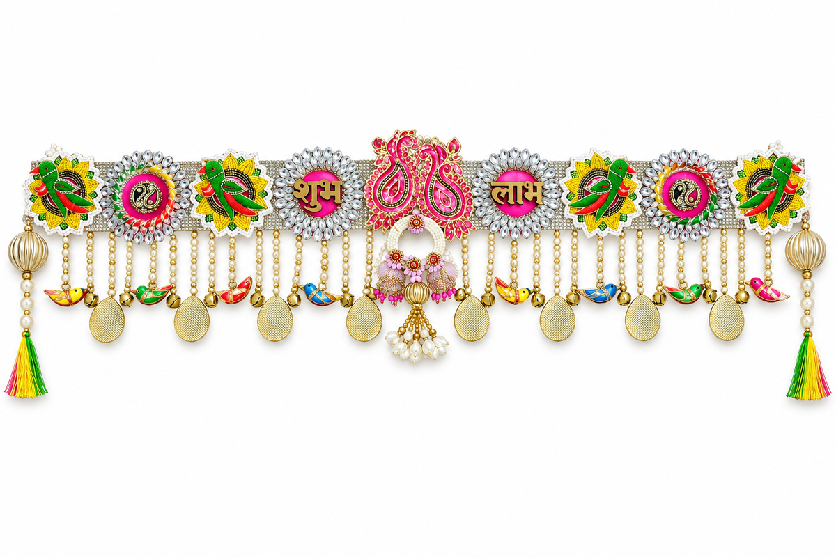 Shubh Labh parrot and pink peacock toran on a white background