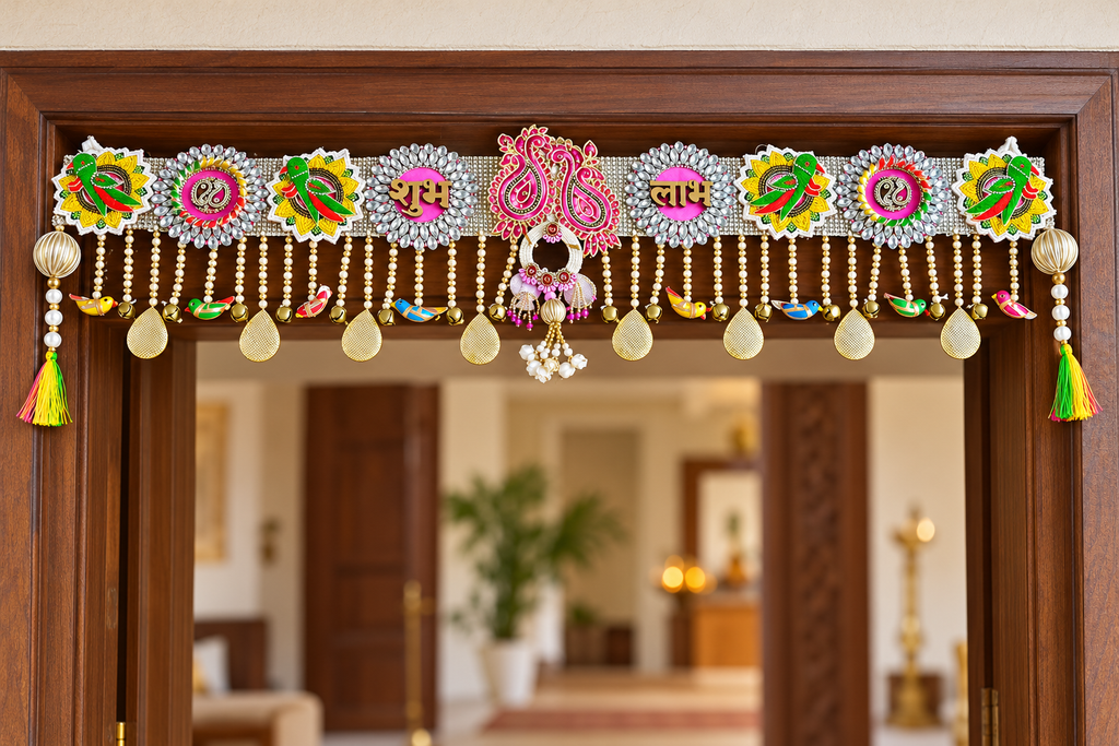 Shubh Labh parrot and pink peacock toran on a wooden doorway