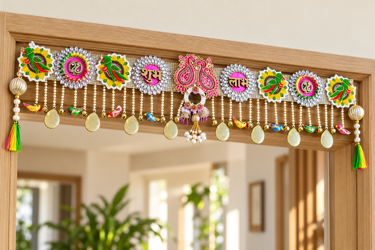 Shubh Labh parrot and pink peacock toran in a modern home