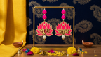 Pink and gold Shubh Labh lotus door hanging pair styled with diyas and marigolds