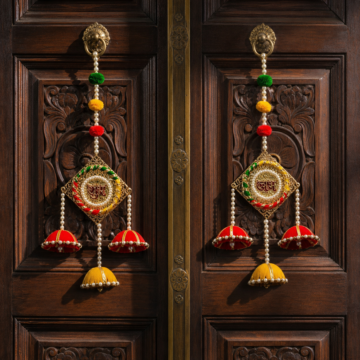 Shubh Labh silk jhumka hanging pair displayed on a carved wooden entrance door