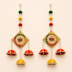 Full pair of Shubh Labh silk jhumka door hangings with pearl beads and red, yellow and green accents