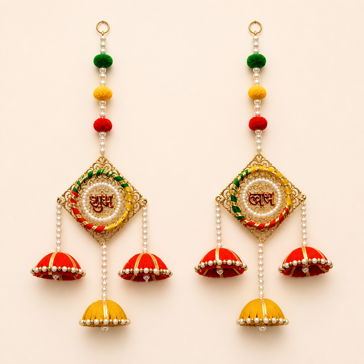 Full pair of Shubh Labh silk jhumka door hangings with pearl beads and red, yellow and green accents