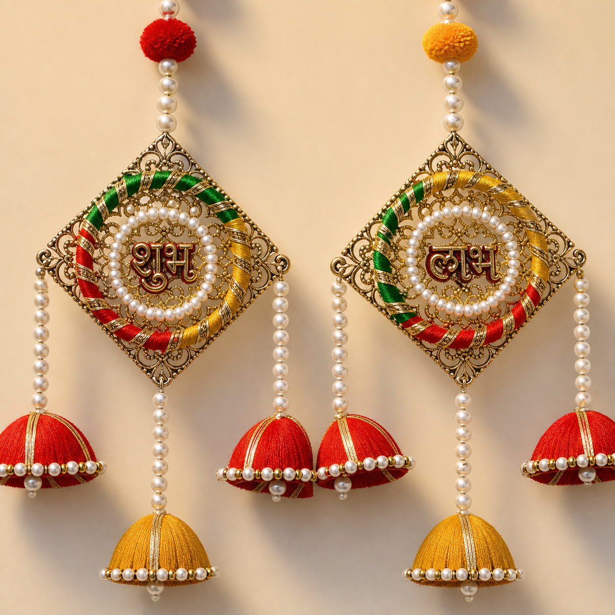 Close-up of Shubh Labh metal filigree panels, pearl embellishments and silk jhumkas