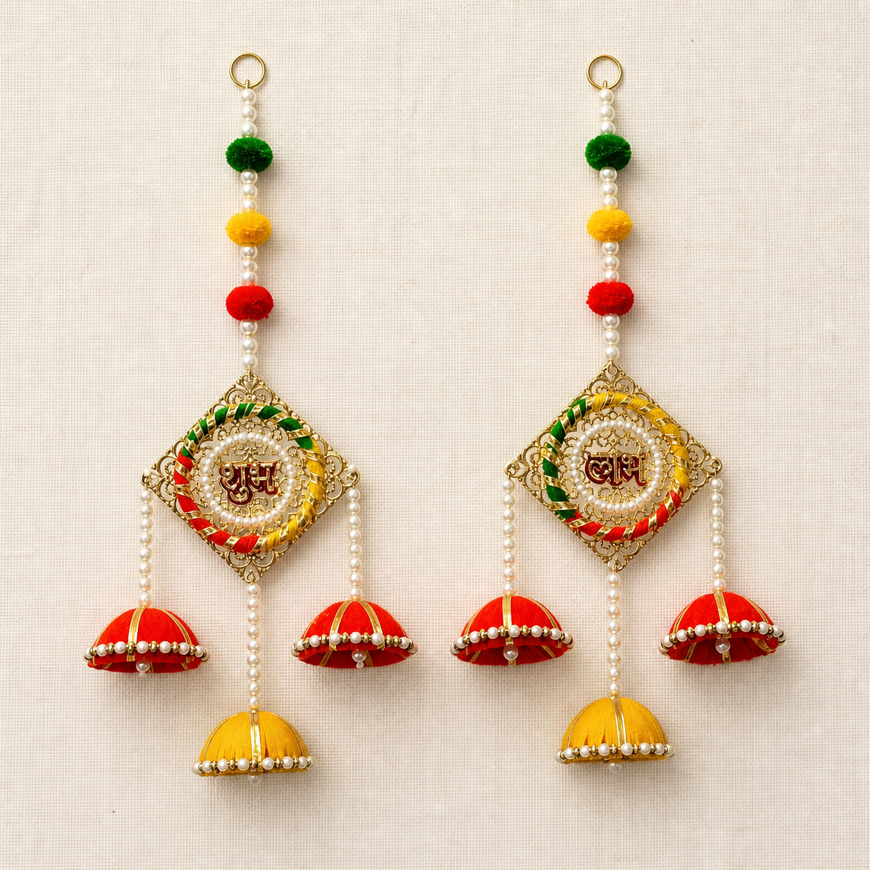 Full view of the handcrafted Shubh Labh door hanging pair on a neutral background