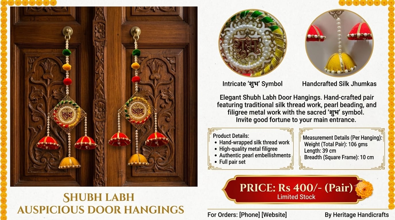 Product information for the Shubh Labh auspicious door hanging pair showing materials, measurements and price