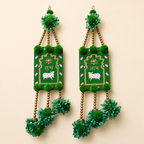 Shubh Labh toran pair with green floral decorations, gold beads, lotus and cow motifs