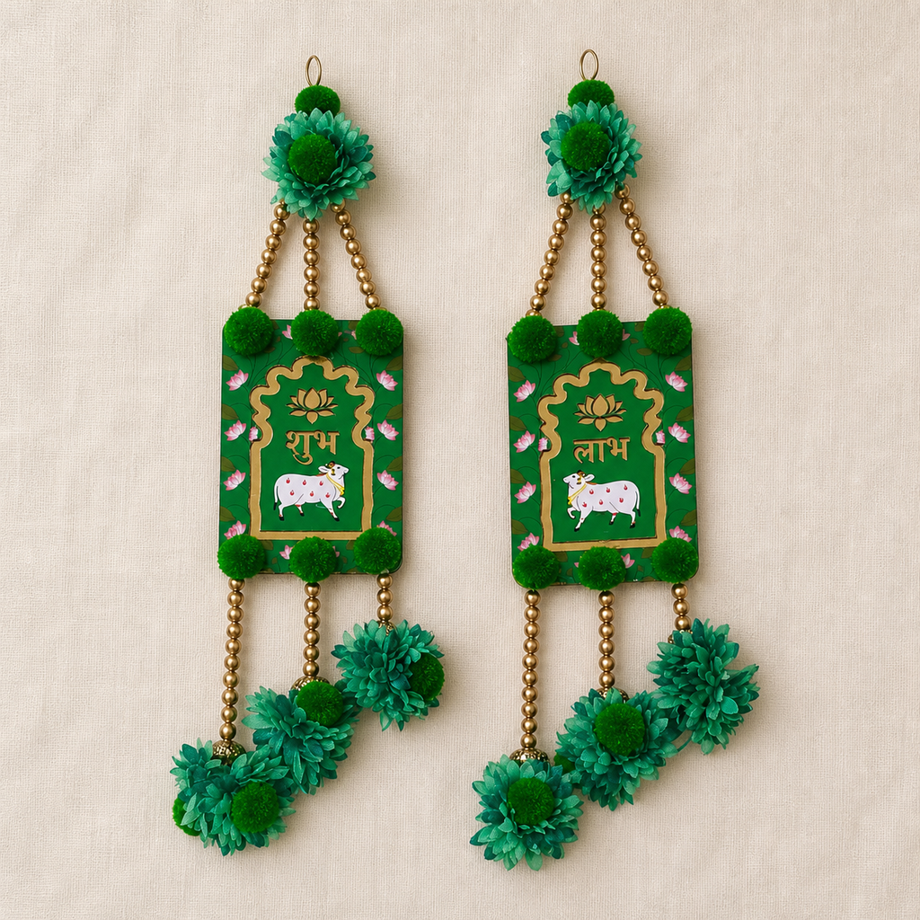 Full view of the handcrafted Shubh Labh door hanging pair