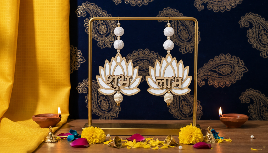 White and gold Shubh Labh lotus door hanging pair styled with diyas and marigolds