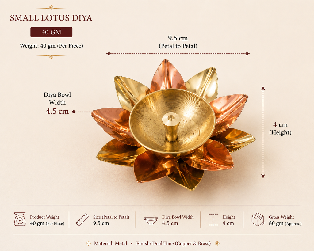 Dimension diagram of the Small Heritage Kosh lotus diya — 9.5 cm petal-to-petal, 4.5 cm bowl width, 4 cm height