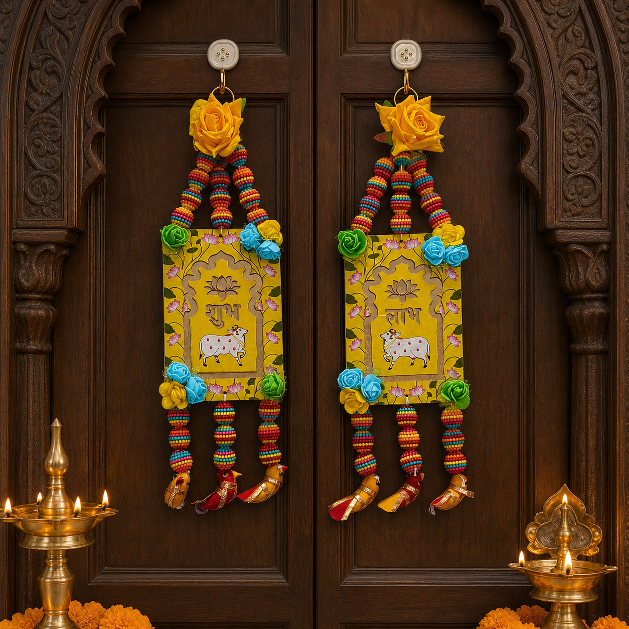 Yellow floral Shubh Labh hanging pair displayed on a carved wooden doorway