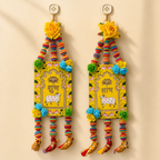 Yellow floral Shubh Labh door hanging pair with multicolour beads and bird danglers