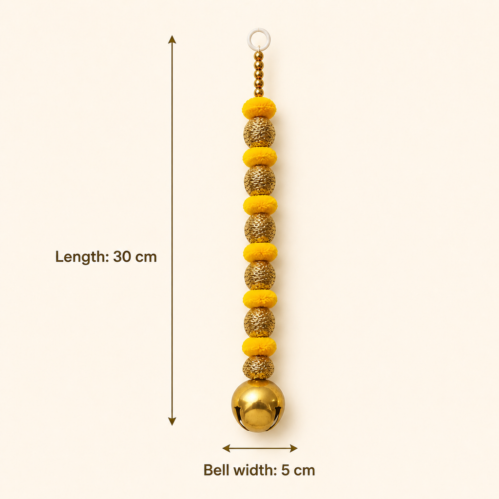Yellow ghungroo hanging dimensions: 30 cm length and 5 cm bell width